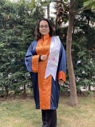 Kep Cübbe Modeli - Turuncu Şeritli Saten Kumaş